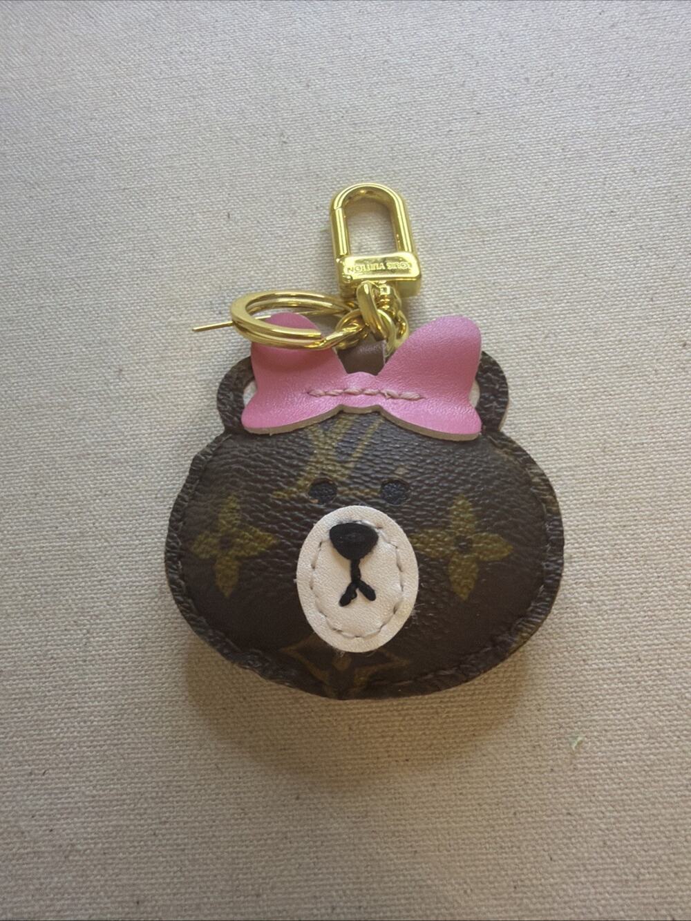 Upcycled Luxury Female Teddy Bear w/Light Pink Bow Key Ring